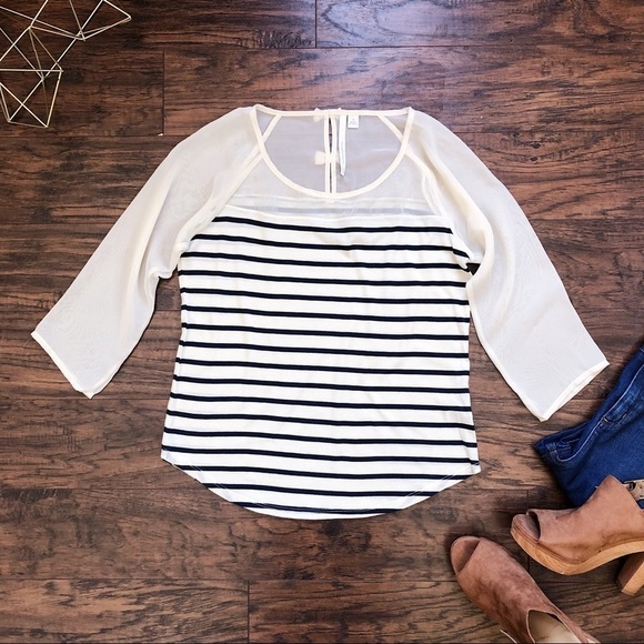 Lauren Conrad • sheer striped navy bow back top tee popover preppy twee - Picture 1 of 7